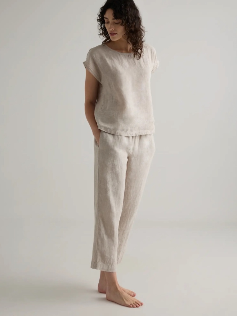Quince Linen Pajama Set - Relaxed Short Sleeve Top & Wide Leg Pants - Picture 7 of 15